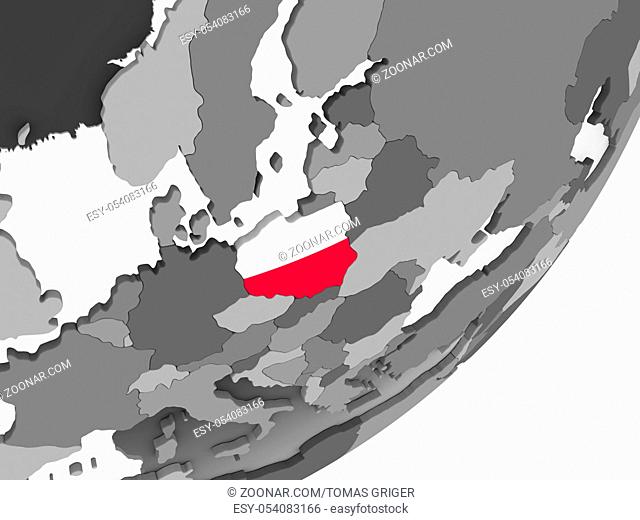 Poland on gray political globe with embedded flag. 3D illustration