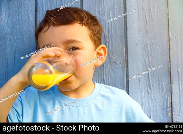 Child little boy drinking orange juice juice drinking glass, Germany, Europe