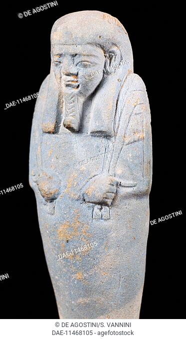 Ushabti, funerary statuette of Petepepe, ceramic funerary figurine. Egyptian civilisation, Saite Period, Dynasty XXVI.  Cortona