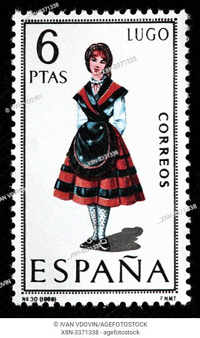 Lugo, Galicia, woman in traditional fashioned regional costume, postage stamp, Spain, 1969