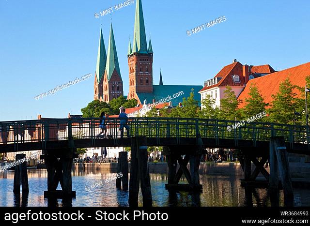 Old town and River Trave at Lubeck, St. Mary's and St. Peters Churches left and right