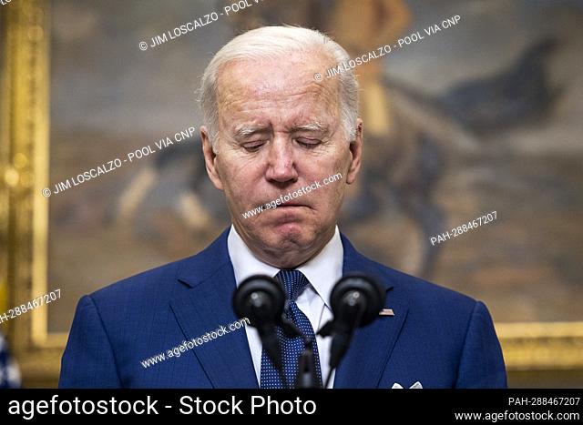 US President Joe Biden speaks to the nation about the mass shooting in Uvalde, Texas in the Roosevelt Room in Washington, DC, USA , 24 May 2022