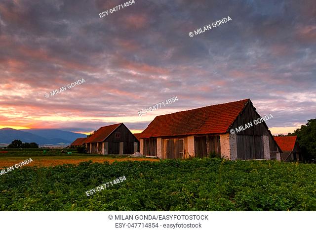 Traditional barns on the edge of a village in northern Slovakia.