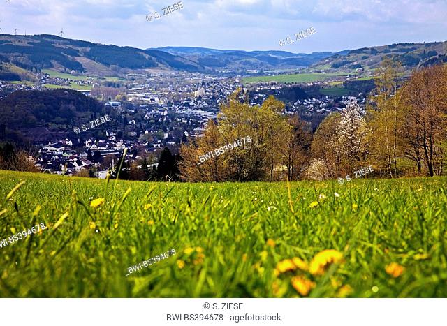 view to low mountain scenery of Plettenberg in spring, Germany, North Rhine-Westphalia, Sauerland, Plettenberg