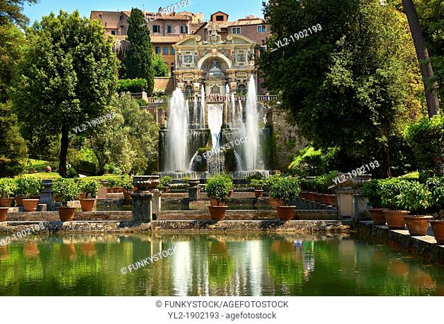 The water jets of the Organ fountain, 1566, housing organ pipies driven by air from the fountains  Villa d'Este, Tivoli, Italy - Unesco World Heritage Site