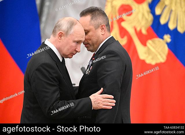 RUSSIA, MOSCOW - AUGUST 2, 2023: Russia's President Vladimir Putin (L) and Russian cosmonaut Anton Shkaplerov, deputy chief at Yuri Gagarin Cosmonaut Training...