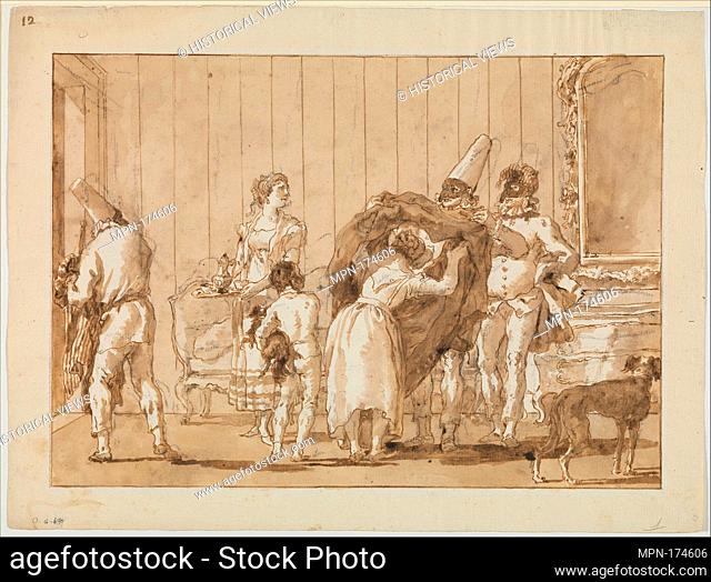 Punchinello as a Dressmaker. Artist: Giovanni Domenico Tiepolo (Italian, Venice 1727-1804 Venice); Date: ca. 1800; Medium: Pen and brown ink, brown wash