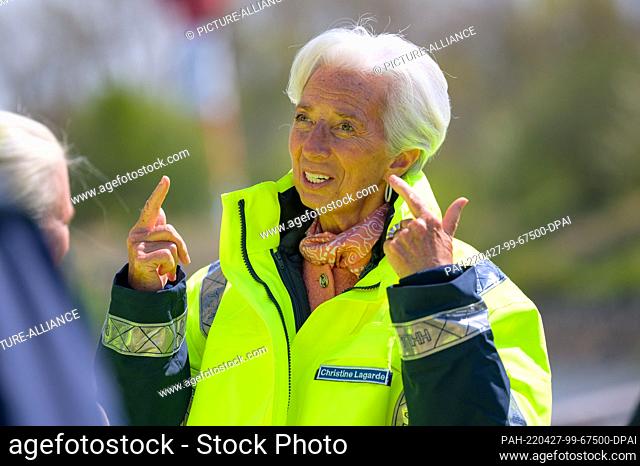 27 April 2022, Hamburg: Christine Lagarde, President of the European Central Bank (ECB), during a talk at the Container Terminal Altenwerder (CTA) site
