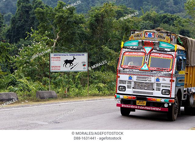 Information panel about the fauna, Kaziranga National Park, Assam, India