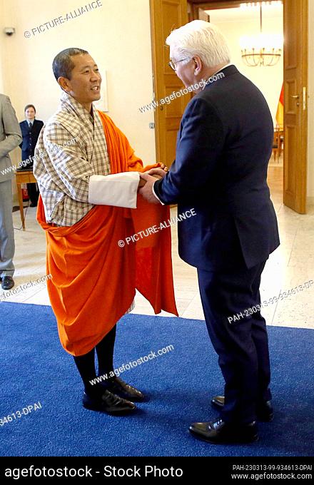 13 March 2023, Berlin: German President Frank-Walter Steinmeier receives at Belluve Castle, Lotay Tshering (l), Prime Minister of the Kingdom of Bhutan