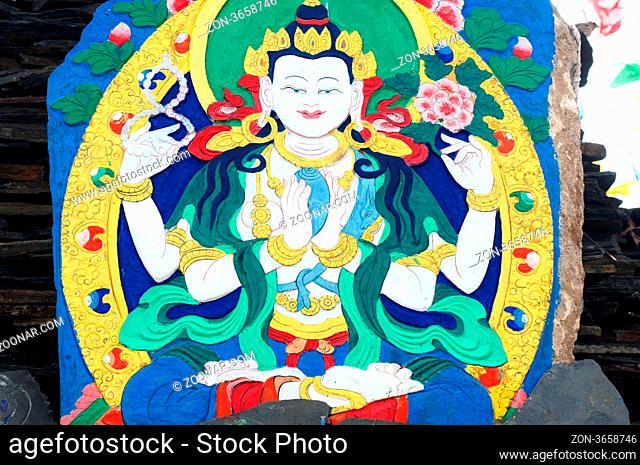 Ancient wall painting art of buddha in a historic Tibetan lamasery