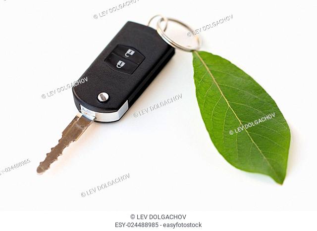 conservation, environment, transport and ecology concept - close up of car key and green leaf trinket