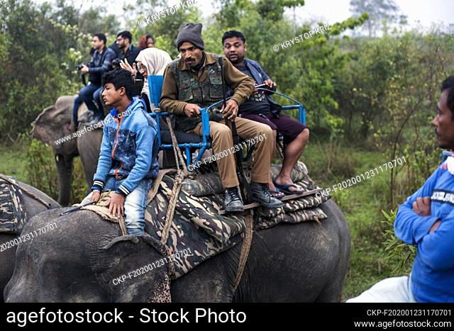 Tourist ride on elephant through Kaziranga National Park, Assam, India on 9 March, 2019. Kaziranga National Park in Assam in the northeast of India is a reserve...
