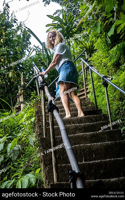 Banyumala waterfall, Bali, Indonesia A woman climbs steep steps in the jungle froma a waterfall in acanyon