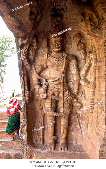 Eight armed Vishnu bas relief in cave three ; cave temple 6th century 578 AD ; Badami ; Karnataka ; India