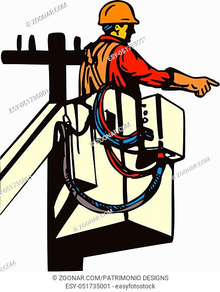 Illustration of a power lineman telephone repairman worker repairing, on a cherry picker done in retro style