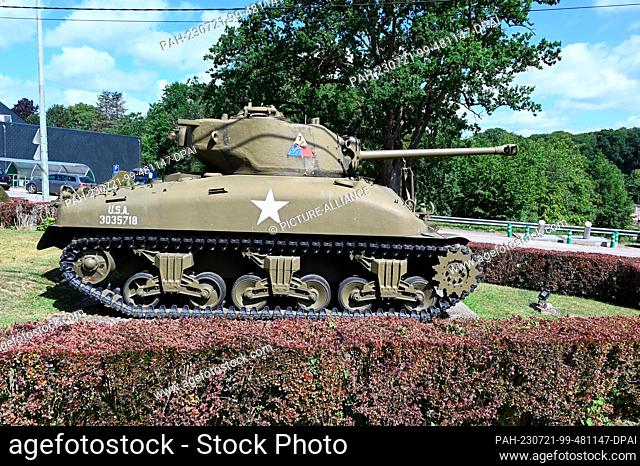 02 July 2023, Belgium, Vielsalm: A U.S. M4A1 Sherman main battle tank from World War II erected as a monument in Vielsalm, Belgium as a memorial