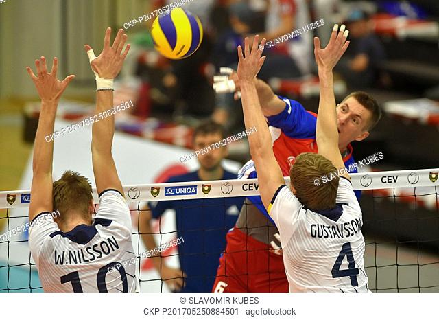 L-R Wilhelm Nilsson, Fredrik Gustavsson (both SWE) and Michal Finge (CZE) in action during the volleyball World Cup Qualification match Czech Republic vs Sweden...