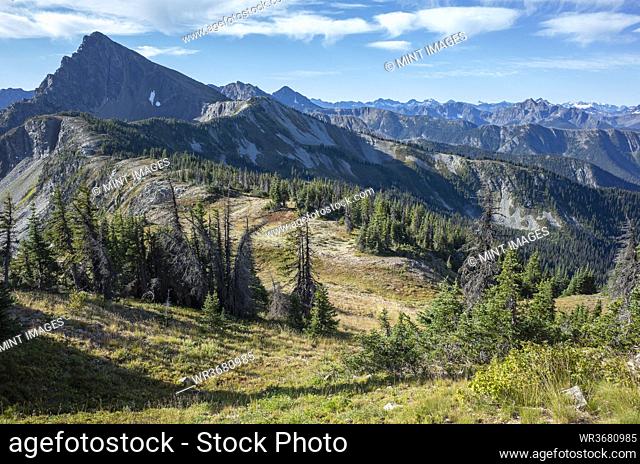 Hiking trail through vast alpine wilderness oin mountains