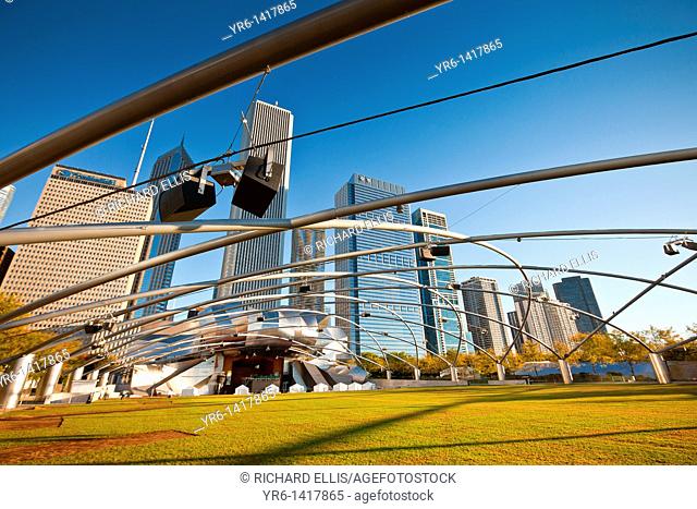 Jay Pritzker Pavilion designed by Frank Gehry in Millennium Park in Chicago, IL, USA