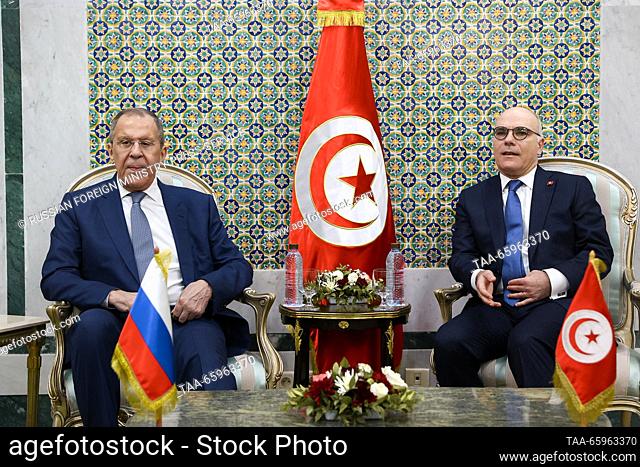 TUNISIA, TUNIS - DECEMBER 21, 2023: Russia's Foreign Minister Sergei Lavrov (L) and his Tunisian counterpart Nabil Ammar pose during a bilateral meeting