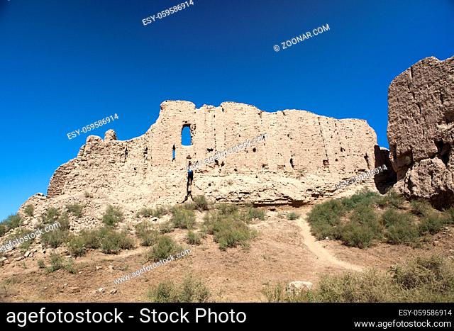 ruins of fortress Kyzylkala (Red Town) -trading settlement on the Silk Road (10-13 century), ancient Khorezm, in the Kyzylkum desert in Uzbekistan