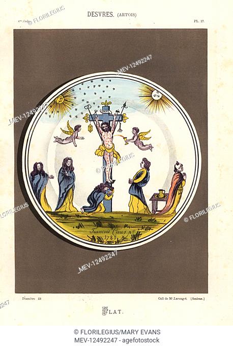 Decorative plate from Desvres, Artois, France, showing the crucifixion by Francois Caus, 1785. Angels catching blood spurting from his wounds