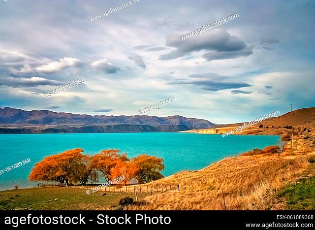 Stunning views of a beautiful torquise lake in autumn, New Zealand