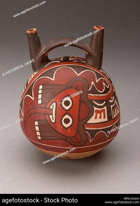 Author: Nazca. Double Spout Vessel Depicting Masked Figure with Serpent Attributes - 180 B.C./A.D. 500 - Nazca South coast, Peru. Ceramic and pigment