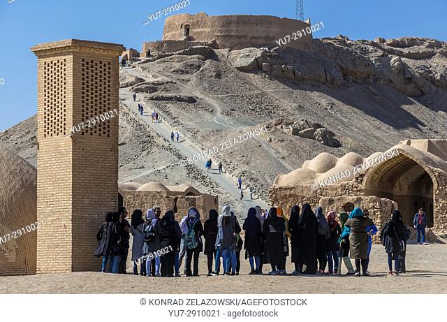 Group of Iranian girls on area of Zoroastrian Tower of Silence, where the dead bodies was once exposed to elements and local fowl in Yazd, Iran