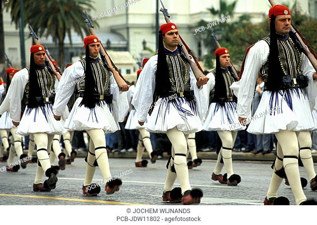 Athens, Parliament Building, marching of the guards, evzones in kilts and pom-pom shoes