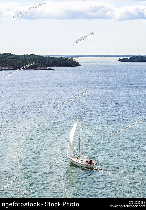 Yacht sailing near the coast, elevated view, Aland Islands, Finland