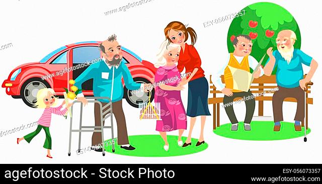 Happy family with loving grandfather and grandmother. Cartoon cheerful  child running to granddad..., Stock Vector, Vector And Low Budget Royalty  Free Image. Pic. ESY-056073357 | agefotostock