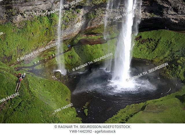 Seljalandsfoss Waterfalls, Iceland Walking path behind falls