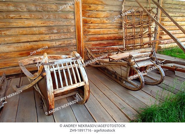 Wooden sledge  Settlement Talzy, Irkutsk region, Baikal, Siberia, Russian Federation