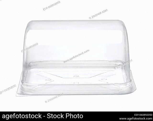 Front view of empty disposable plastic cake container isolated on white