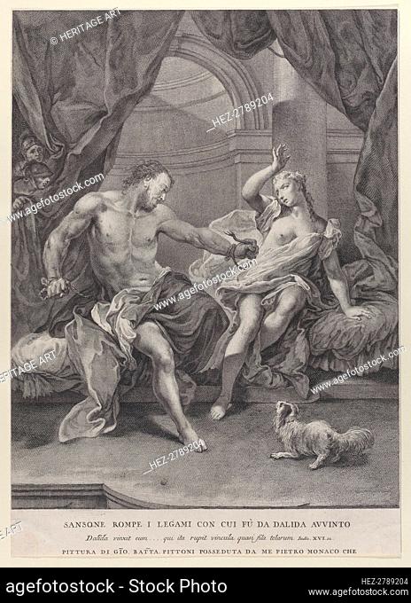 Samson and Delilah seated on a bed, Samson tearing apart the ropes binding his hand.., ca. 1730-39. Creator: Pietro Monaco