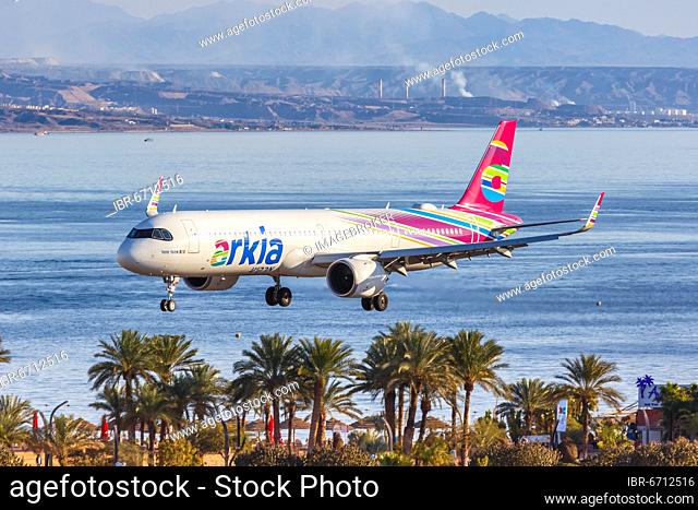 An Arkia Airbus A321neo with the registration number 4X-AGH lands at Eilat Airport, Israel, Asia