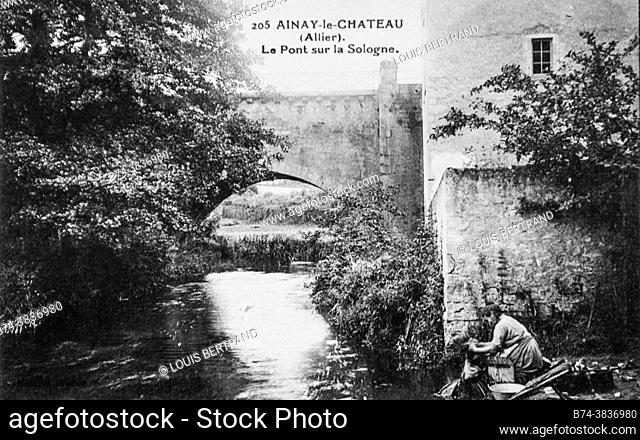 ainay le chateau, the bridge over the sologne, postcard 1900