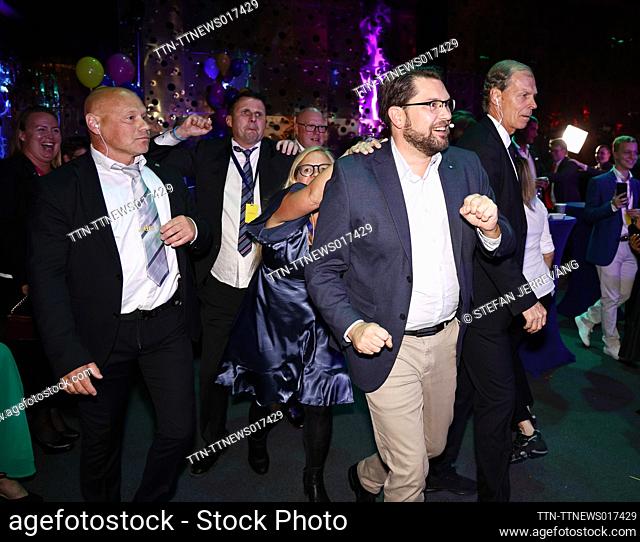 The leader of the Sweden Democrats Jimmie Åkesson celebrates at the party's election watch at Elite Hotel Marina Tower Tower in Nacka