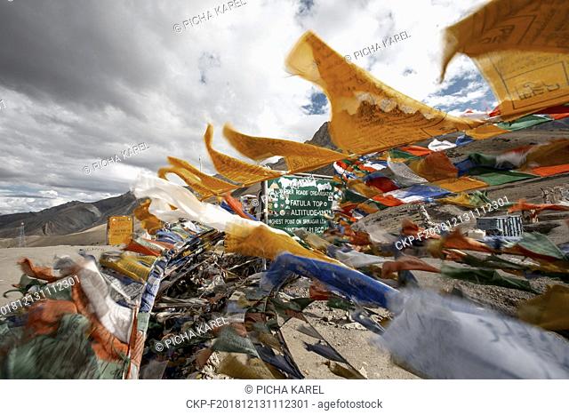 Buddhist prayer flags at the Fatula pass (4, 100 metres) on the National highway 1D from Leh to Srinagar, Ladakh, Jammu and Kashmir, India, July 24, 2018