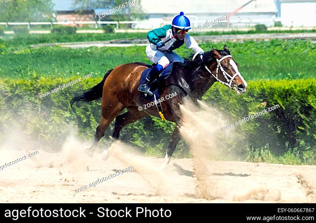 NALCHIK, RUSSIA - MAY 01, 2018: Finish horse racing for the prize of Letni on the Nalchik hippodrome, Northern Caucasus, Russia