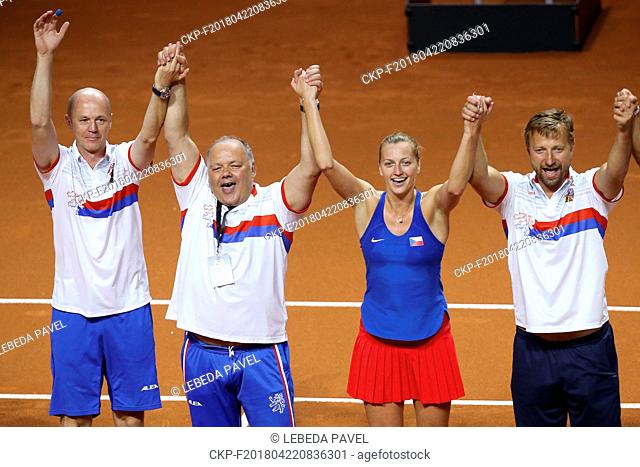 Czech national tennis team (pictured Petr Pala, Pavel Kovac, Petra Kvitova, Jiri Vanek) celebrates its win after the Fed Cup semifinal match Germany vs Czech...