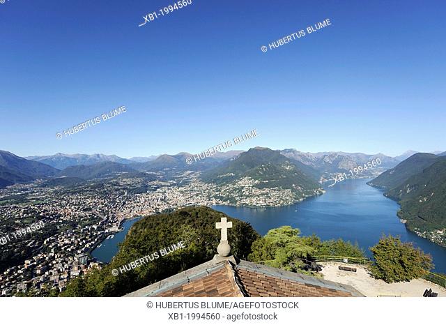 view from Monte San Salvatore down to Lugano, Lake Lugano, Ticino, Switzerland