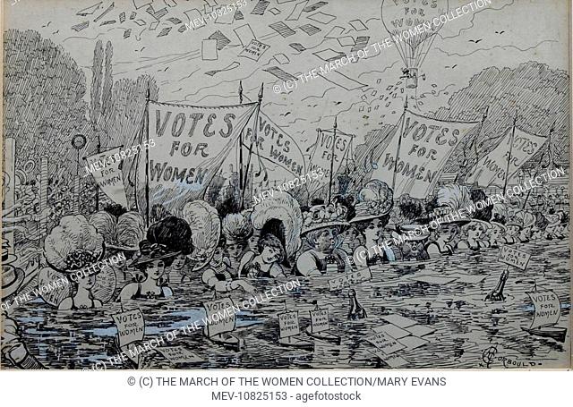 A cartoon illustration by Alfred Chantrey Courbold (1852-1920) of suffragettes swimming towards a flotilla of toy boats. Behind them are large Votes for Women...