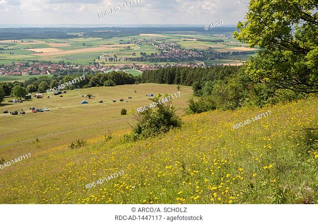 view from the hesselberg mountain, Hesselberg, Ansbach, Central-Franconia, Franconian Alps, Wassertruedingen, Bavaria, Germany