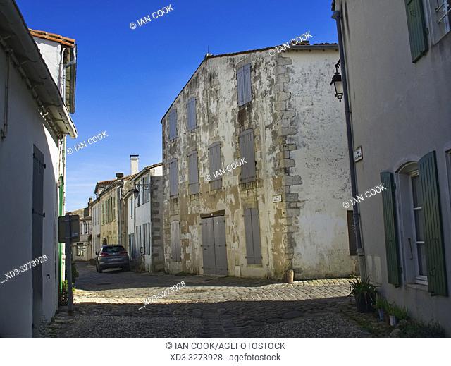 narrow cobblestone street, Saint-Martin-de-Re, Ile-de-Re, Charente-Maritime Department, Nouvelle Aquitaine, France