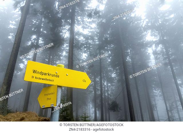 Hiking Sign in Sternwald Wind Farm. Upper Austria. Austria