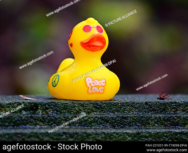 28 October 2023, Berlin: A plastic toy duck with red sunglasses and the inscription ""Peace Love"" stands on the gravestone of actor and humorist...