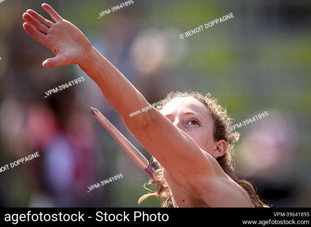 Belgian Noor Vidts pictured in action during the javelin throw event of the women's heptathlon competition at the European Championships athletics